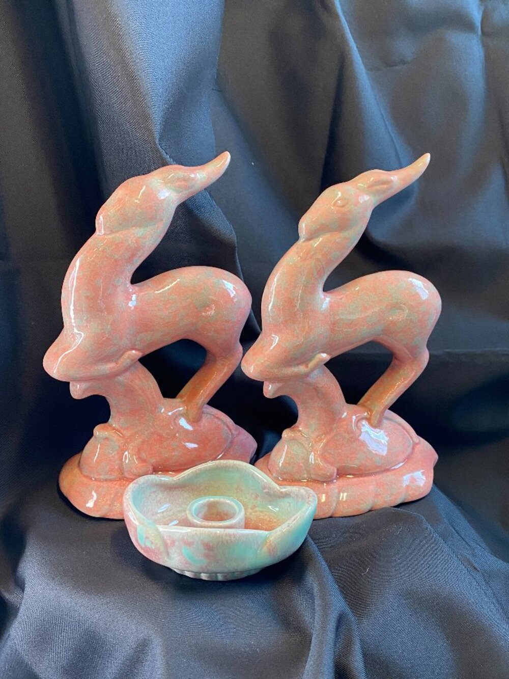 MCM Art Deco Ceramic Gazelle Deer Pink/Turquoise Seafoam & Candlestick Holder